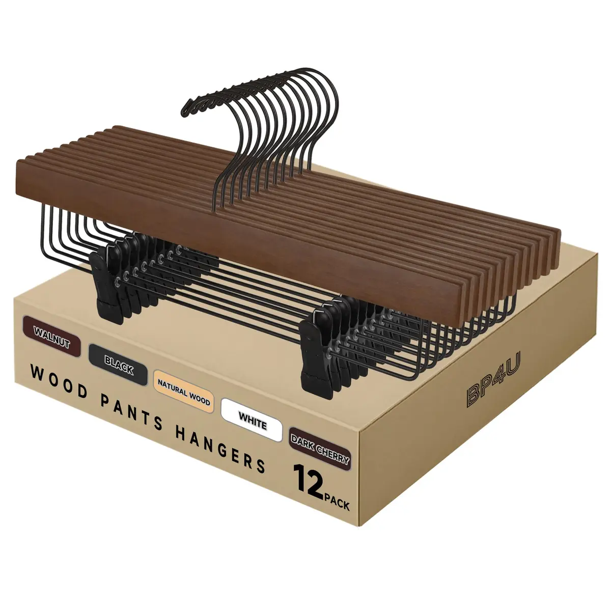 BP4U 14" Wood Pants Hangers with Adjustable Non-Slip Clips Walnut | Space Saving & Durable - main product image