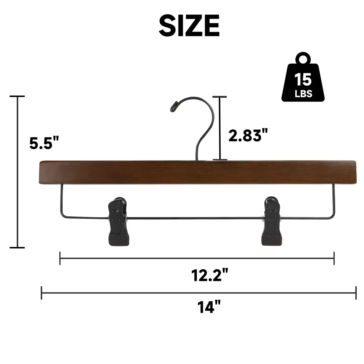 BP4U 14" Wood Pants Hangers with Adjustable Non-Slip Clips Walnut | Space Saving & Durable - view 2