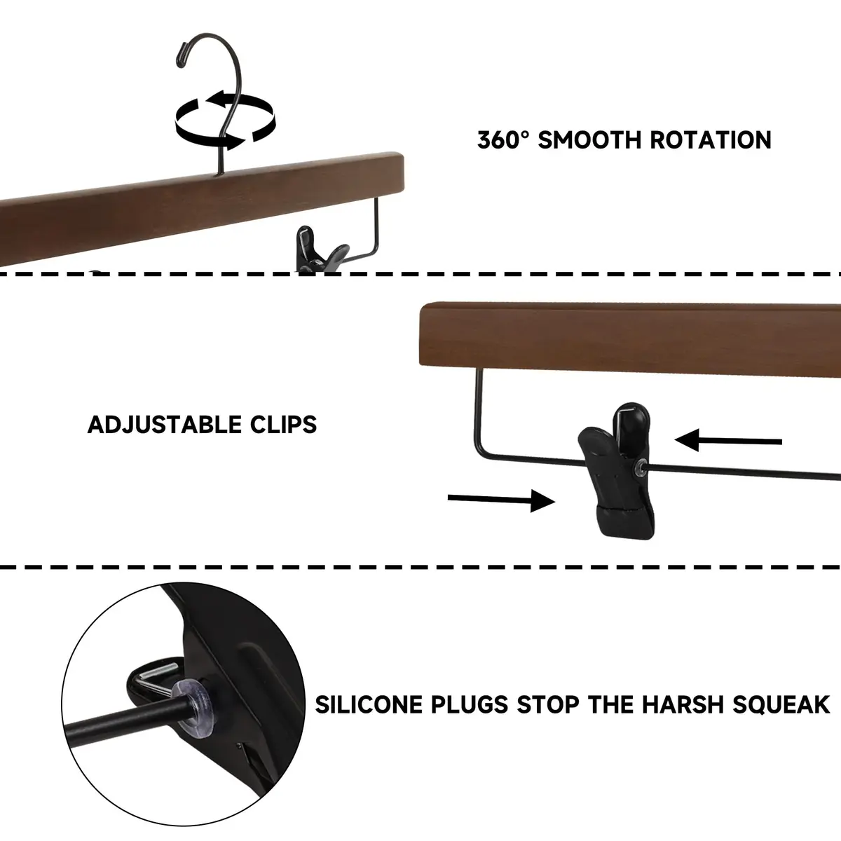 BP4U 14" Wood Pants Hangers with Adjustable Non-Slip Clips Walnut | Space Saving & Durable - view 3