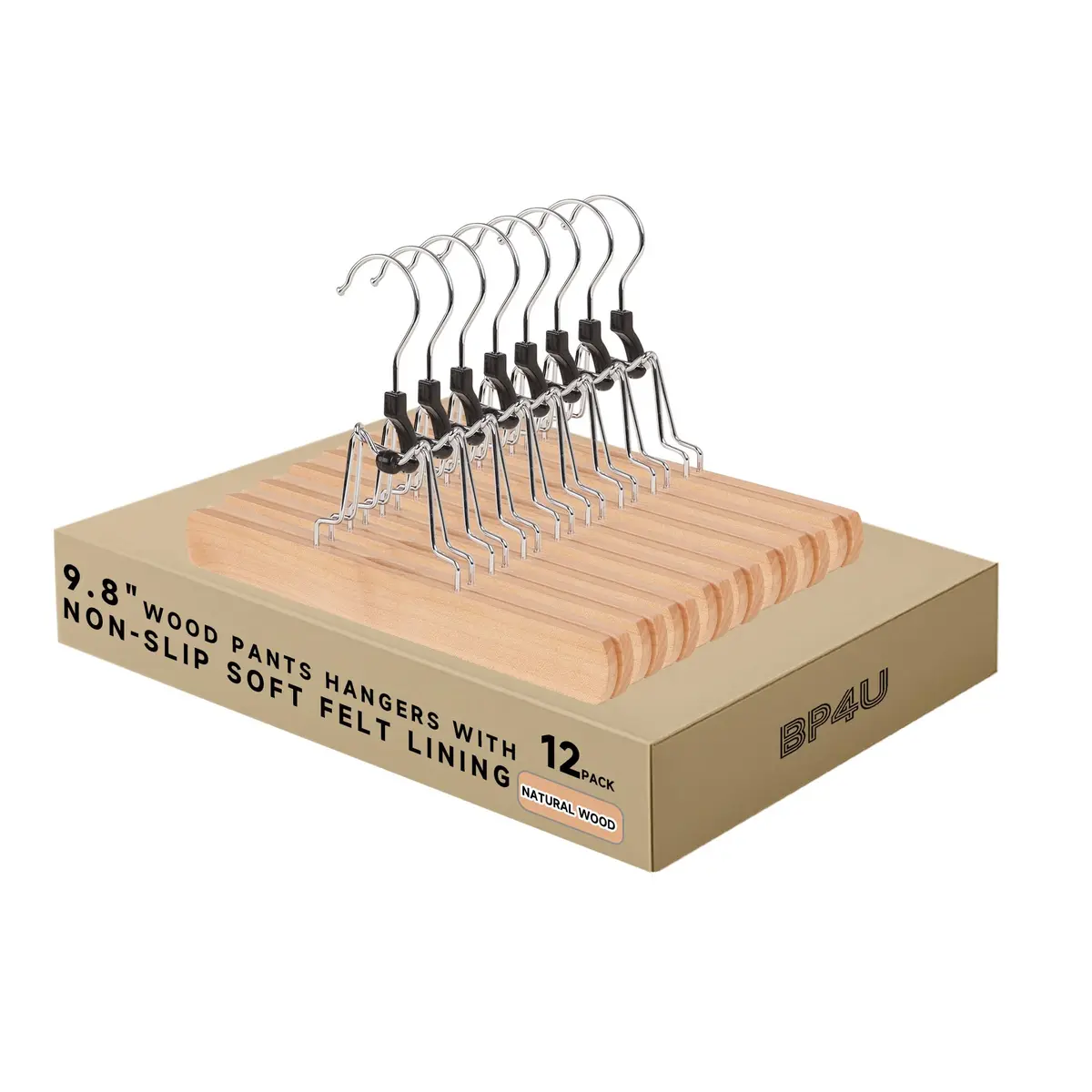BP4U Wooden Non Slip Pants Hangers with Soft Felt Lining 9.8" | Space-Saving, Durable & Gentle on Fabrics - main product image