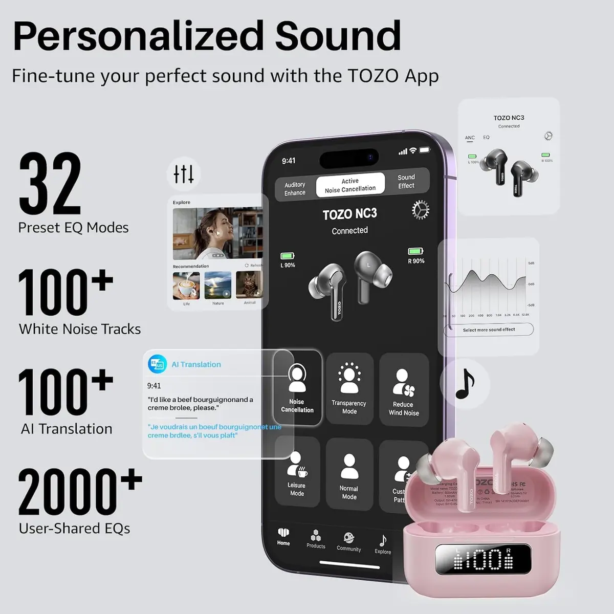 TOZO NC3 Hybrid Active Noise Cancelling Wireless Earbuds | 68H Playtime, IPX8 Waterproof, Bluetooth 5.3, Custom EQ, Clear Calls - view 6