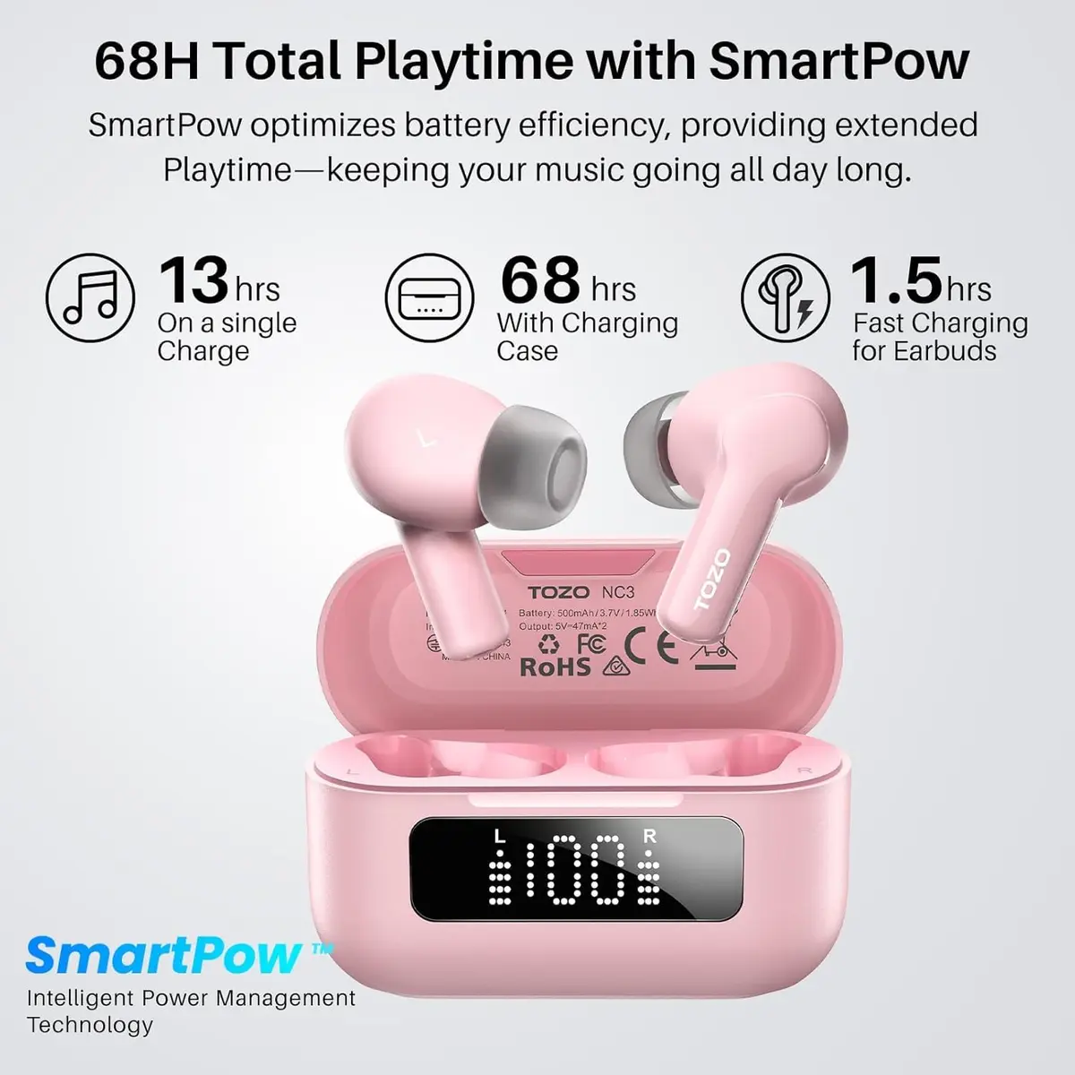 TOZO NC3 Hybrid Active Noise Cancelling Wireless Earbuds | 68H Playtime, IPX8 Waterproof, Bluetooth 5.3, Custom EQ, Clear Calls - view 4