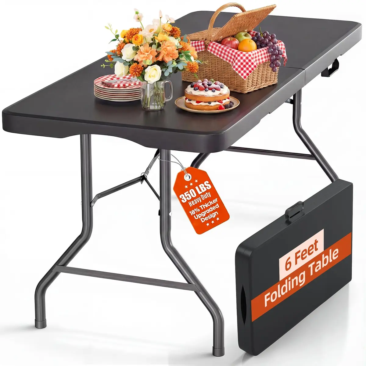 LUCKPRO 6ft Folding Table Heavy Duty 350LBS Thicker Non-Slip Top Black | Indoor Outdoor Stable Surface - main product image