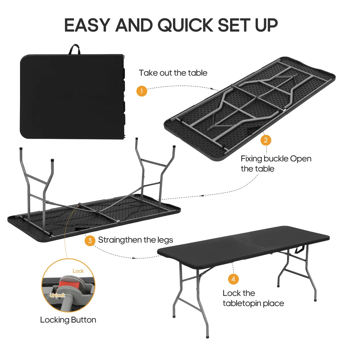 LUCKPRO 6ft Folding Table Heavy Duty 350LBS Thicker Non-Slip Top Black | Indoor Outdoor Stable Surface - view 8