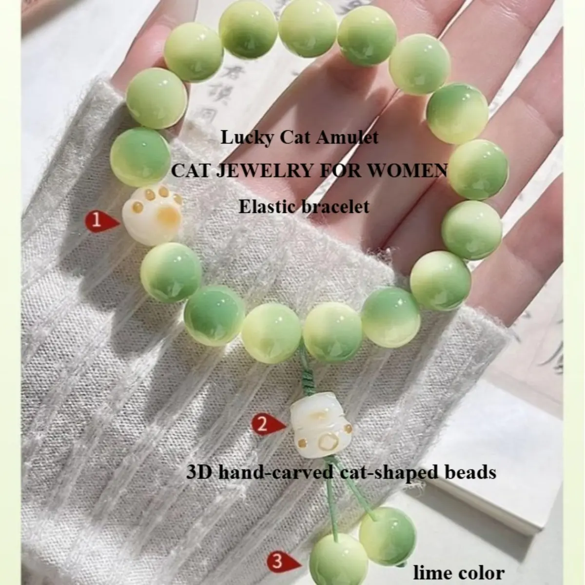SIXAOAZZ Lucky Cat Bracelet for Women, Feng Shui Wealth Protection Bracelet with Blue Crystal & Ceramic Cat Charm, Adjustable (Green) | Good Luck Jewelry - view 4