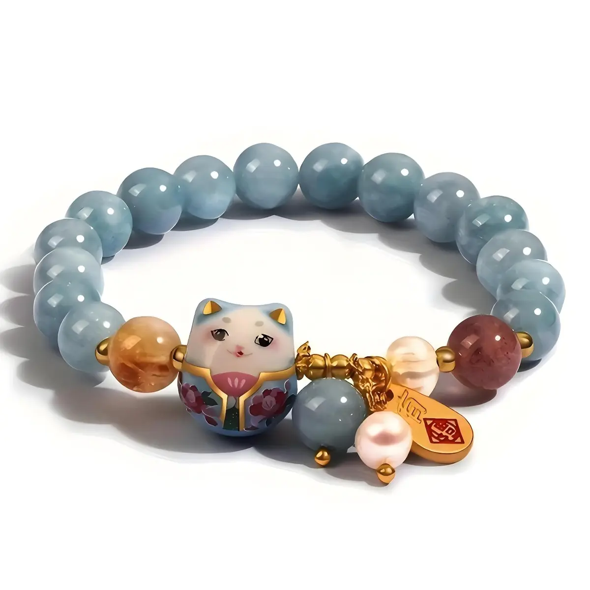 SIXAOAZZ Lucky Cat Bracelet for Women, Feng Shui Wealth Protection Bracelet with Blue Crystal & Ceramic Cat Charm, Adjustable Maneki Neko Good Luck Jewelry Gift - main product image