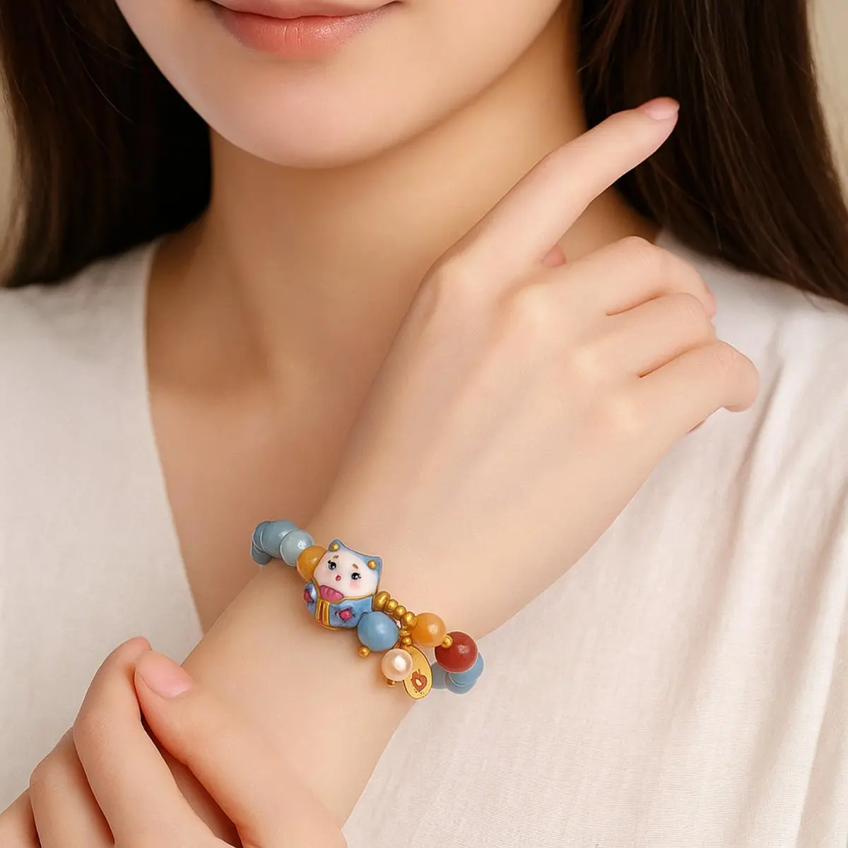 SIXAOAZZ Lucky Cat Bracelet for Women, Feng Shui Wealth Protection Bracelet with Blue Crystal & Ceramic Cat Charm, Adjustable Maneki Neko Good Luck Jewelry Gift - view 5