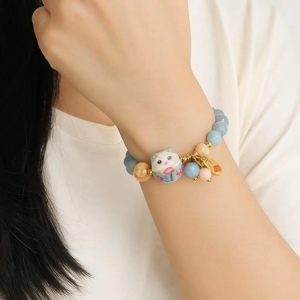SIXAOAZZ Lucky Cat Bracelet for Women, Feng Shui Wealth Protection Bracelet with Blue Crystal & Ceramic Cat Charm, Adjustable Maneki Neko Good Luck Jewelry Gift - view 6