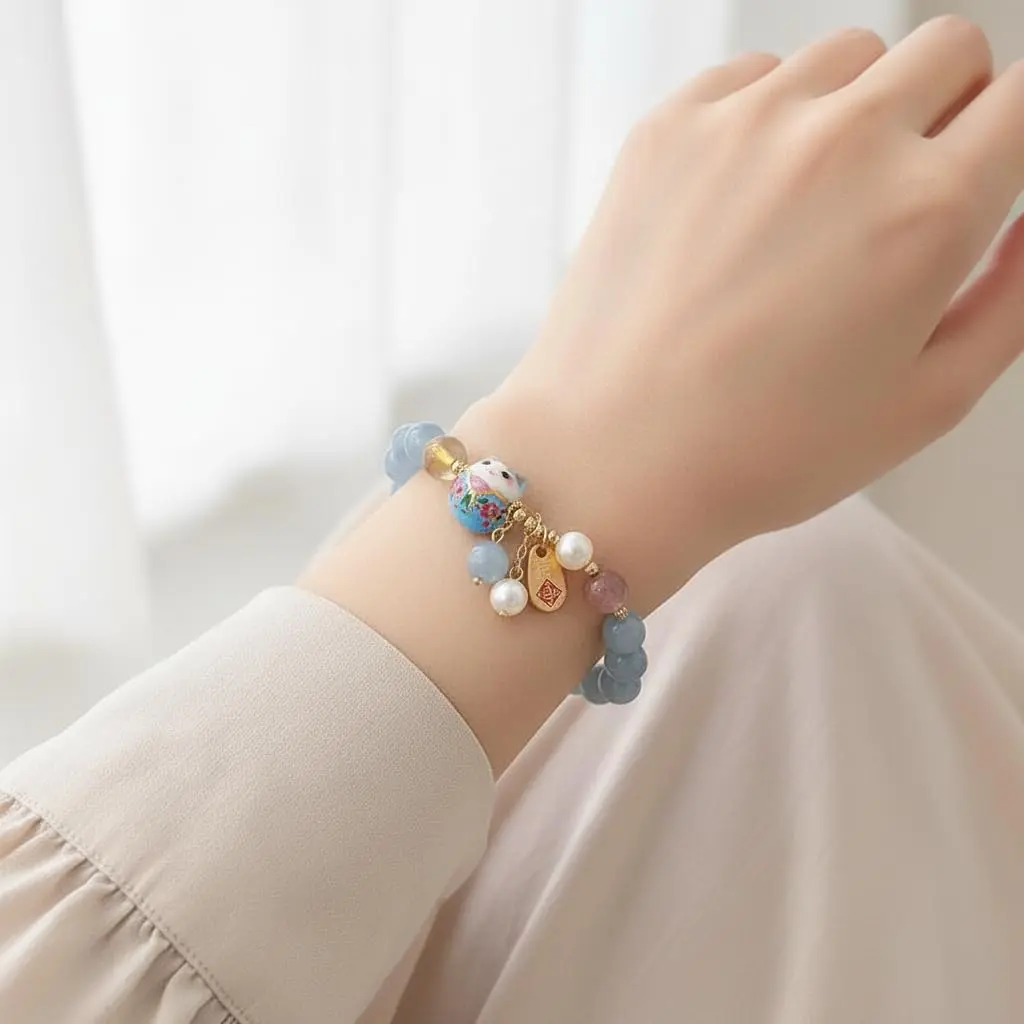 SIXAOAZZ Lucky Cat Bracelet for Women, Feng Shui Wealth Protection Bracelet with Blue Crystal & Ceramic Cat Charm, Adjustable Maneki Neko Good Luck Jewelry Gift - view 7