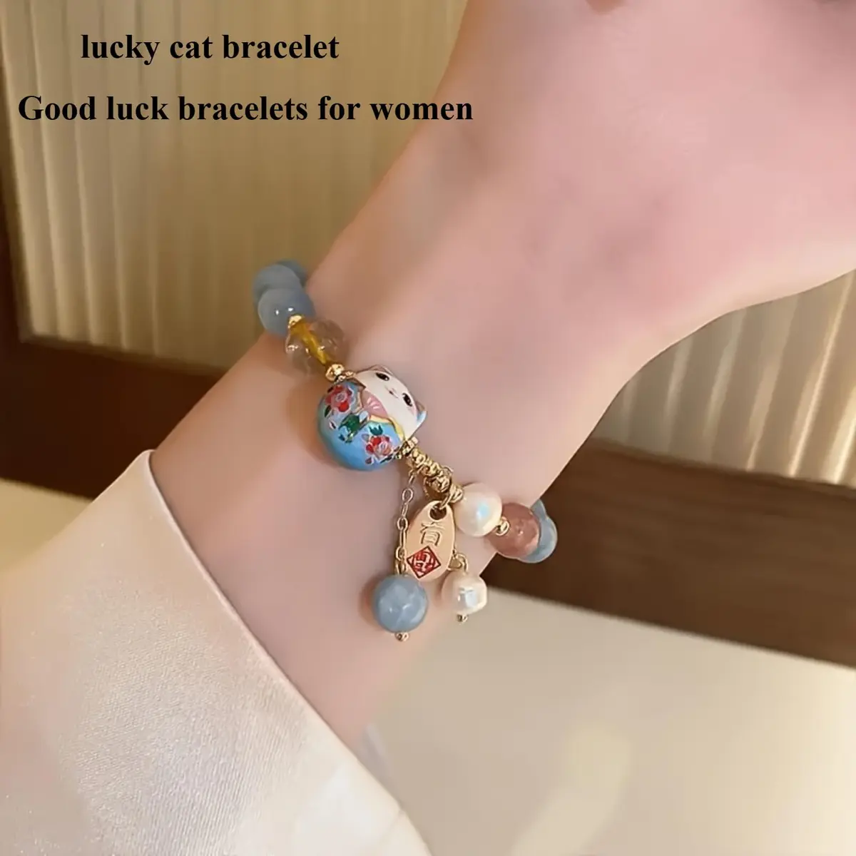 SIXAOAZZ Lucky Cat Bracelet for Women, Feng Shui Wealth Protection Bracelet with Blue Crystal & Ceramic Cat Charm, Adjustable Maneki Neko Good Luck Jewelry Gift - view 3