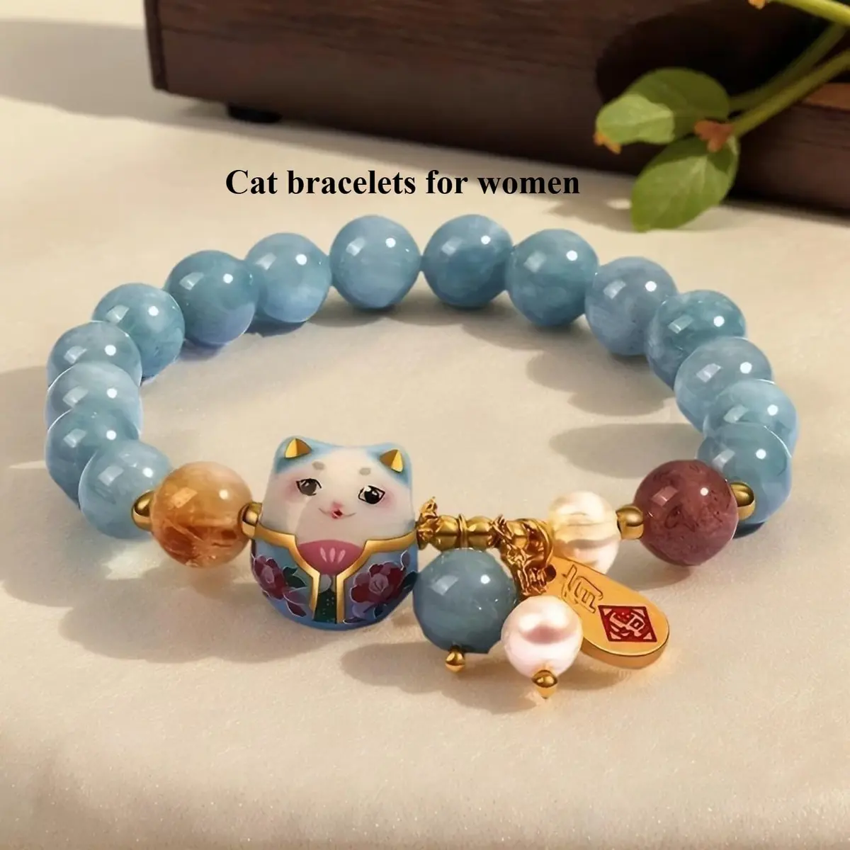 SIXAOAZZ Lucky Cat Bracelet for Women, Feng Shui Wealth Protection Bracelet with Blue Crystal & Ceramic Cat Charm, Adjustable Maneki Neko Good Luck Jewelry Gift - view 4
