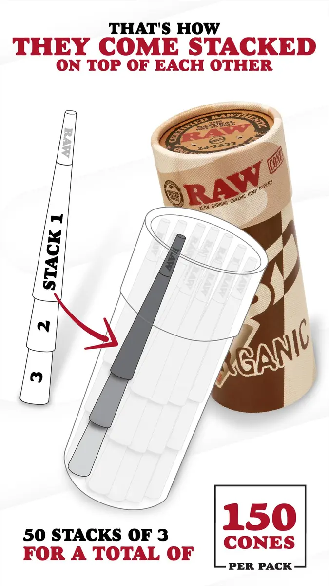 RAW Organic 1-1/4 Size Pre-Rolled Cones 150 Pack | Slow-Burning Chlorine-Free Rolling Papers with Tips - view 2