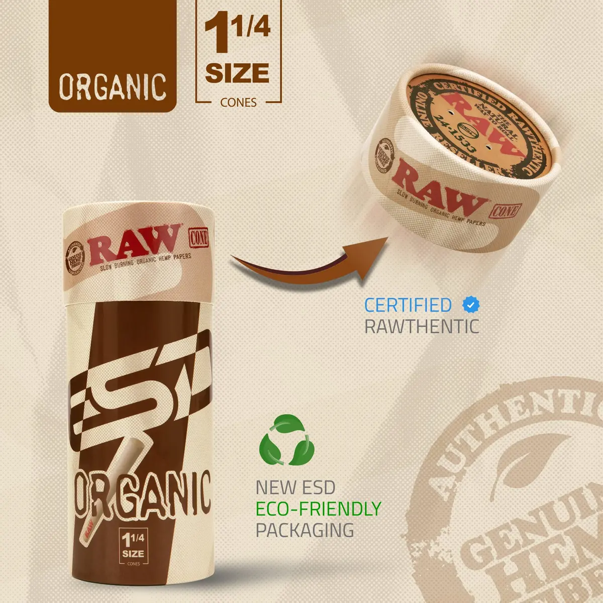 RAW Organic 1-1/4 Size Pre-Rolled Cones 150 Pack | Slow-Burning Chlorine-Free Rolling Papers with Tips - view 3