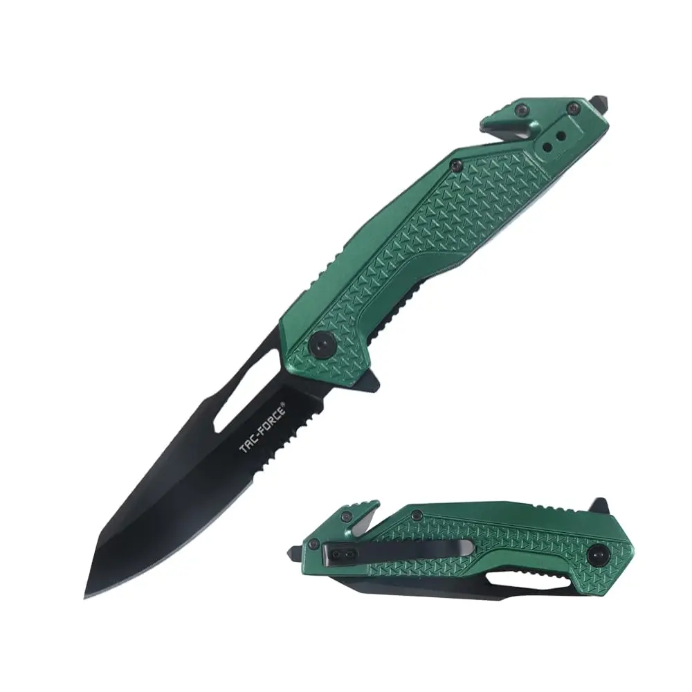 Tac-Force Tactical Folding Knife, 8 Inch Overall Length, 3.25 Inch Satin Blade, Green Aluminum Handle, Glass Breaker, Rescue, Hunting, Camping, EDC - main product image