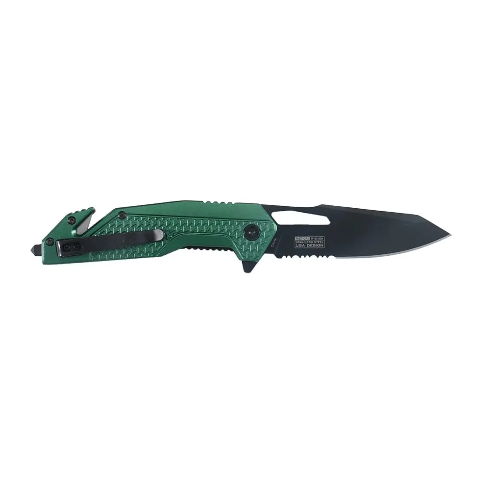 Tac-Force Tactical Folding Knife, 8 Inch Overall Length, 3.25 Inch Satin Blade, Green Aluminum Handle, Glass Breaker, Rescue, Hunting, Camping, EDC - view 3