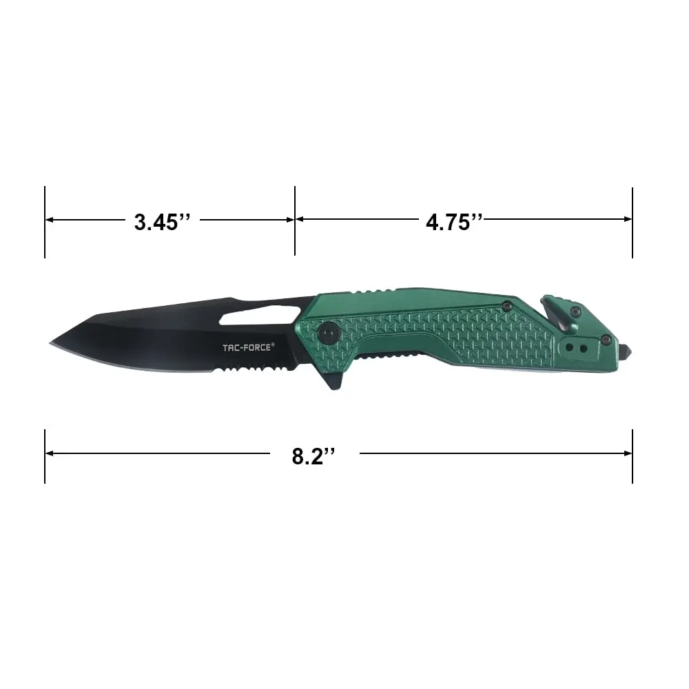 Tac-Force Tactical Folding Knife, 8 Inch Overall Length, 3.25 Inch Satin Blade, Green Aluminum Handle, Glass Breaker, Rescue, Hunting, Camping, EDC - view 4