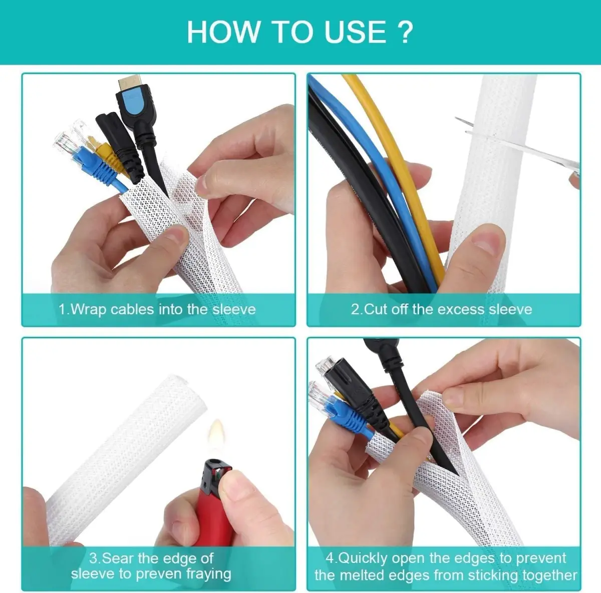 ZhiYo Gold Cable Sleeve 2.03m (6.6ft) | Organizes 4-8 Cables for Desk, PC, TV - view 6