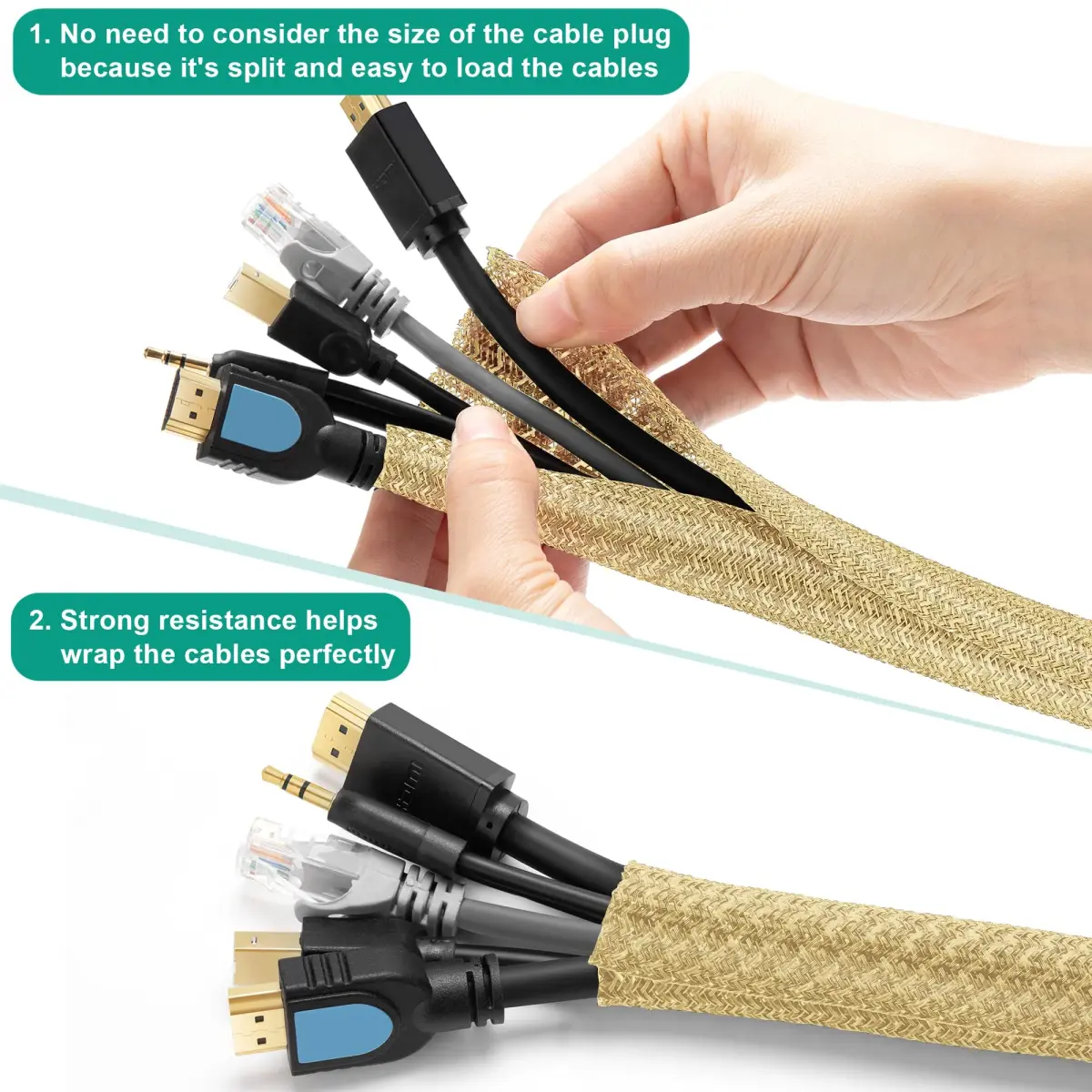 ZhiYo Gold Cable Sleeve 2.03m (6.6ft) | Organizes 4-8 Cables for Desk, PC, TV - view 2