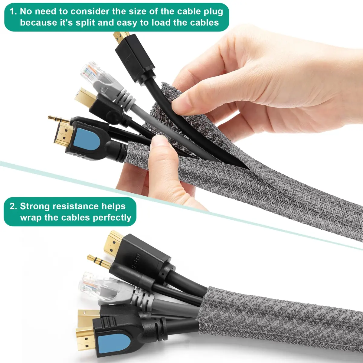 ZhiYo Grey Cable Sleeve 2.03 m (6.6 ft) | Organizes 4-8 Cables for Desk, PC, TV - view 2