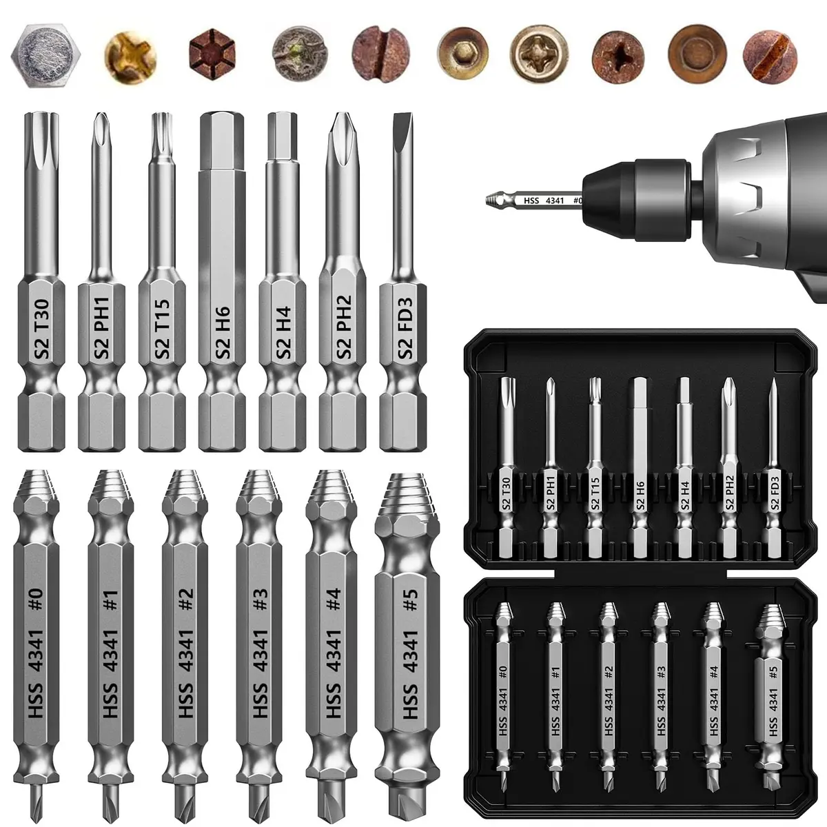 THOSAF Damaged Screw Extractor Set,13 Pcs, High-Speed Steel, Rust Removal, Gift for Men & Adults, 25 units - main product image