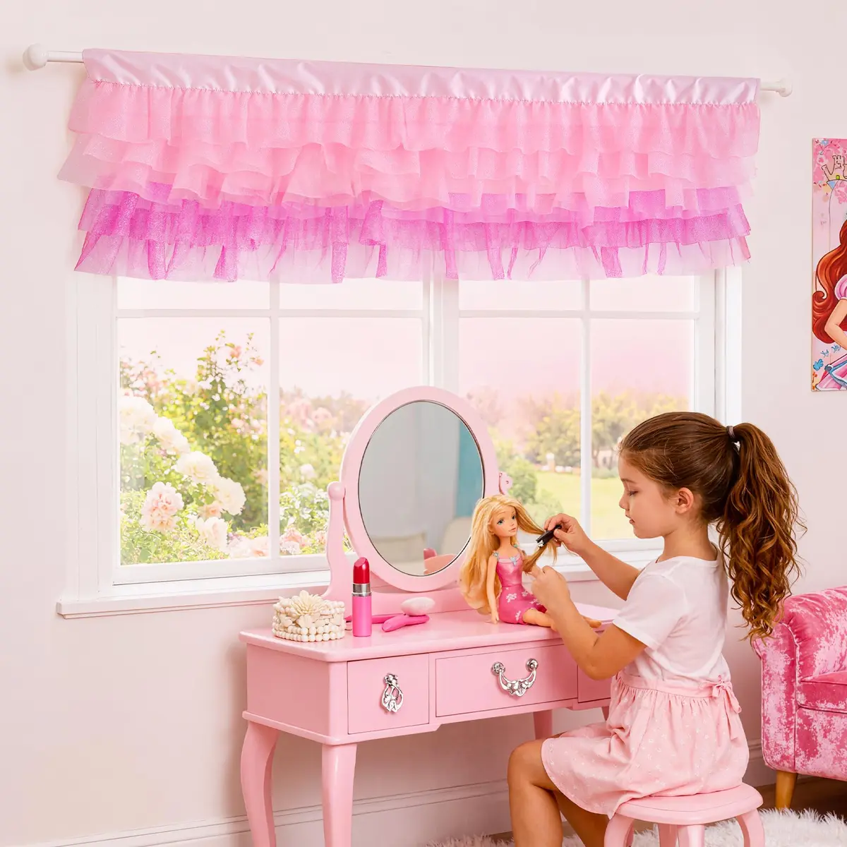 Besutolife Pink Valance Curtains for Girls 52x16 Inch | Sparkle Tulle for Nursery & Kids Room - view 2