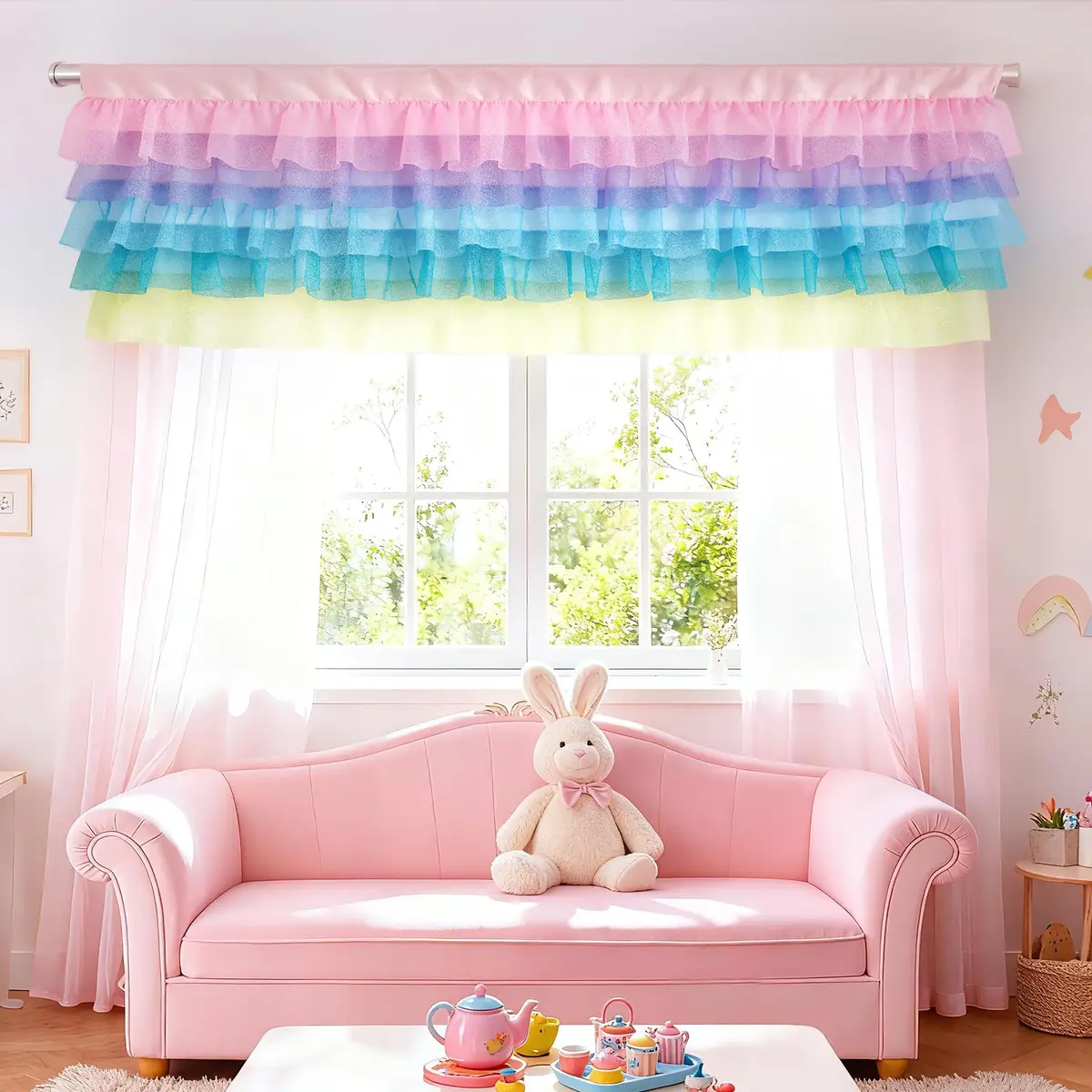 Besutolife Pastel Unicorn Valance Curtain Sparkle Tulle for Girls Nursery 52x16 Inches - view 5