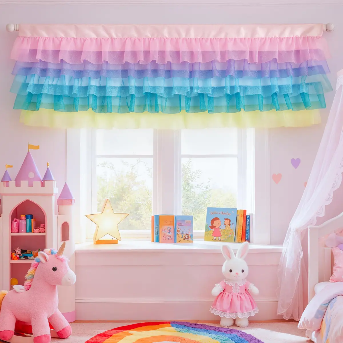 Besutolife Pastel Unicorn Valance Curtain Sparkle Tulle for Girls Nursery 52x16 Inches - view 6