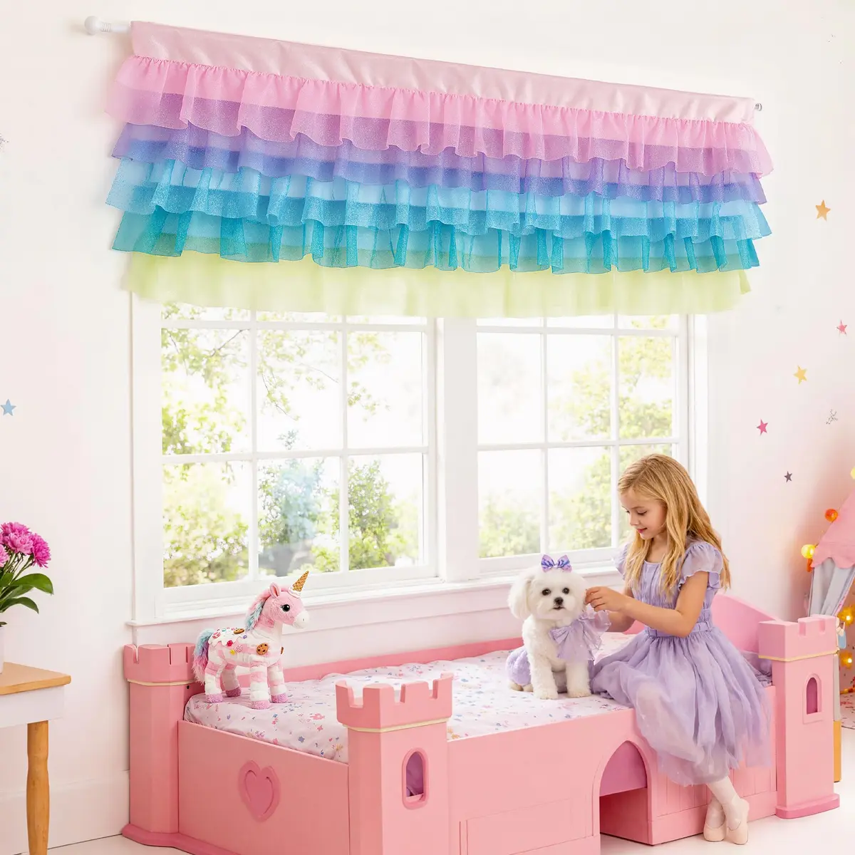 Besutolife Pastel Unicorn Valance Curtain Sparkle Tulle for Girls Nursery 52x16 Inches - view 2