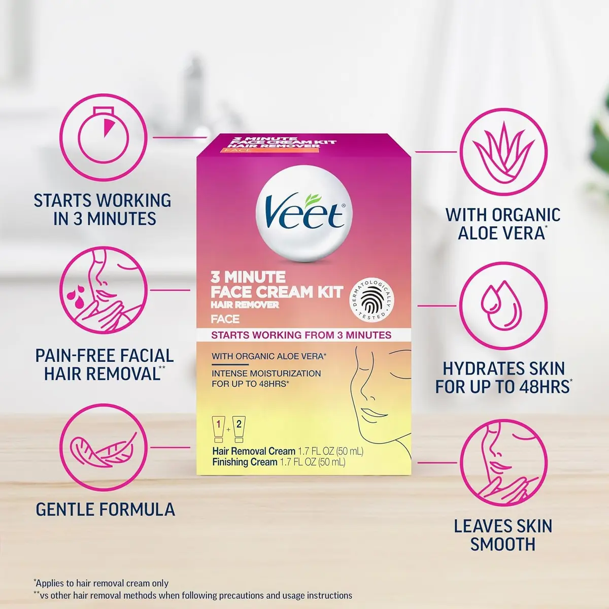 Veet Facial Hair Removal Cream for Women 3 Min | Organic Aloe Vera, 2 Piece - view 3