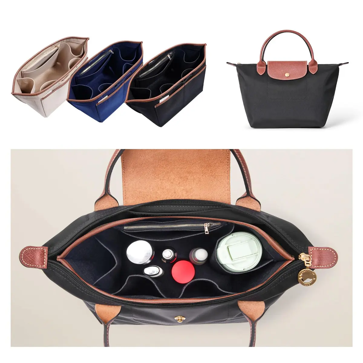 ZTUJO Premium Felt LongChamp Organizer Insert Large | Compatible with Longchamp Le Pliage, Shoulder Bag, Top Handle (Black) - view 6