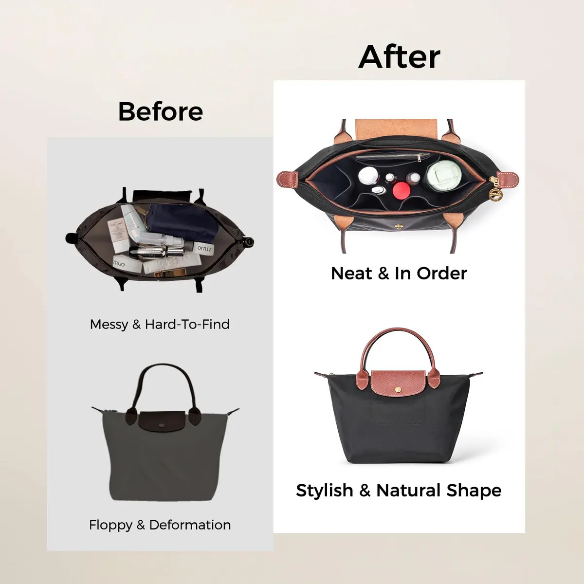 ZTUJO Premium Felt LongChamp Organizer Insert Large | Compatible with Longchamp Le Pliage, Shoulder Bag, Top Handle (Black) - view 8