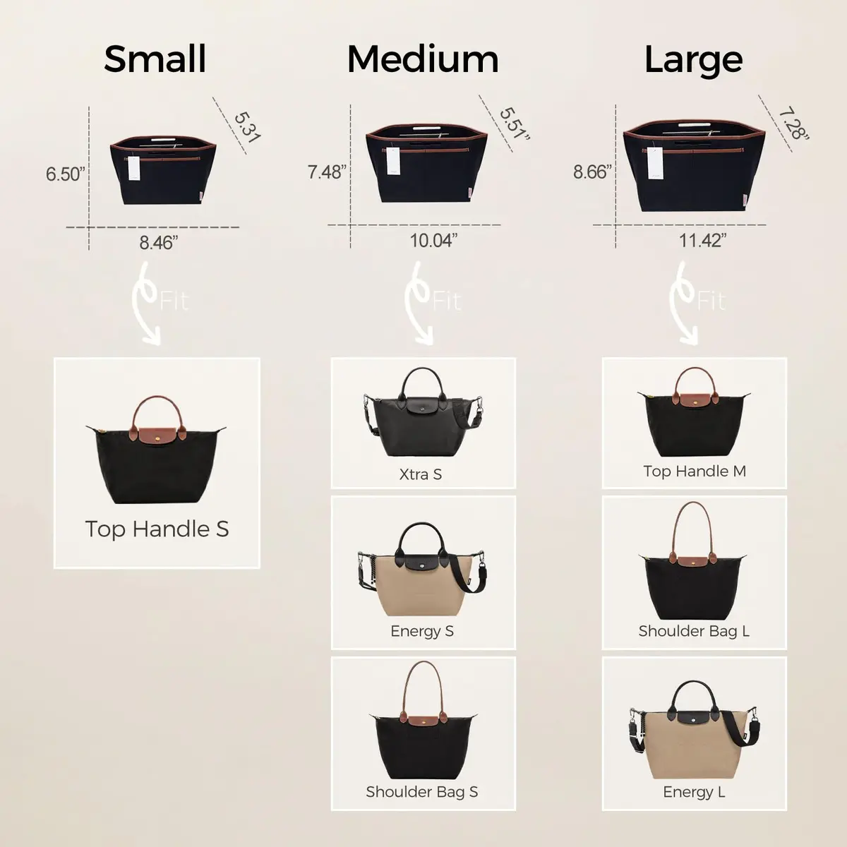 ZTUJO Premium Felt LongChamp Organizer Insert Large | Compatible with Longchamp Le Pliage, Shoulder Bag, Top Handle (Black) - view 3