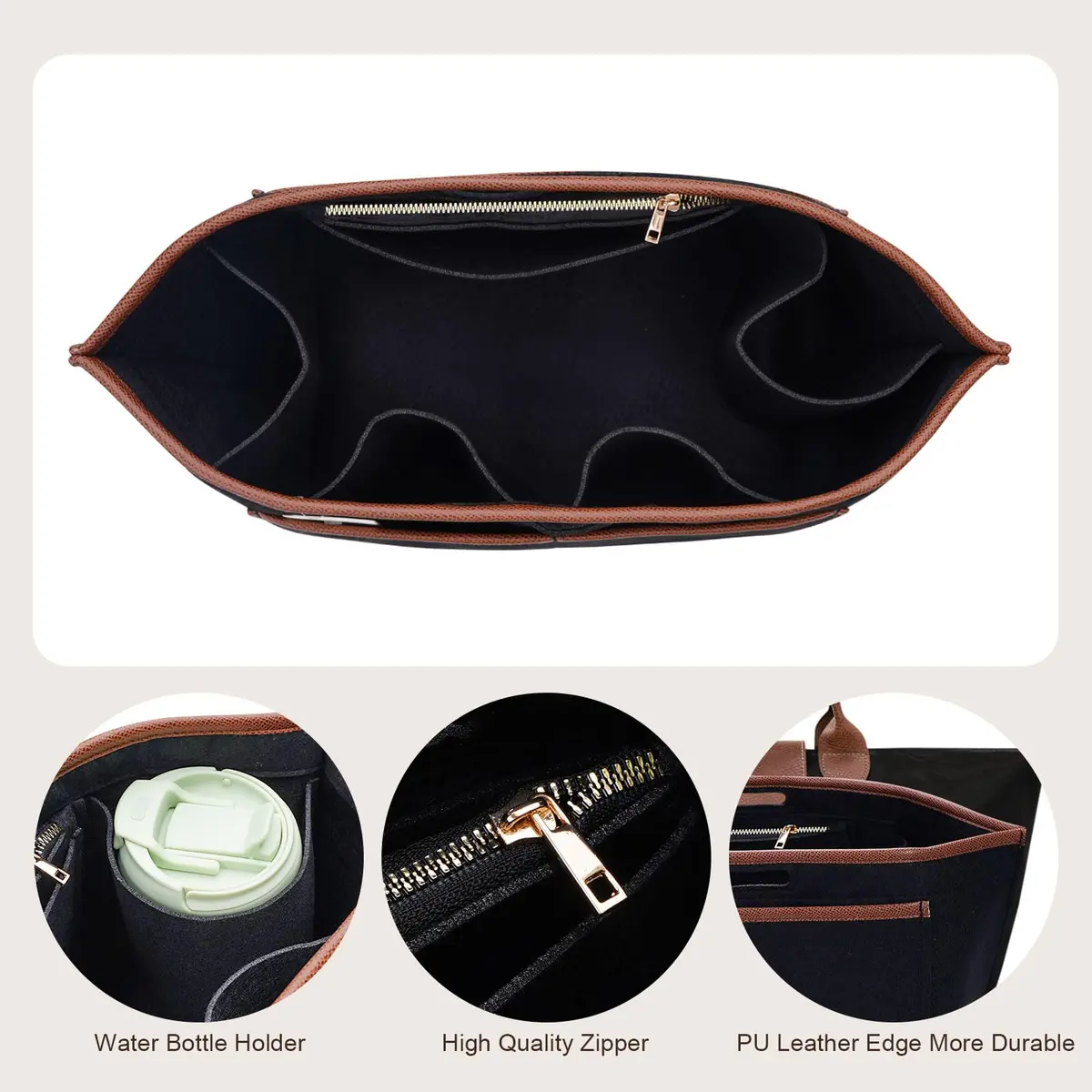 ZTUJO Premium Felt LongChamp Organizer Insert Large | Compatible with Longchamp Le Pliage, Shoulder Bag, Top Handle (Black) - view 4