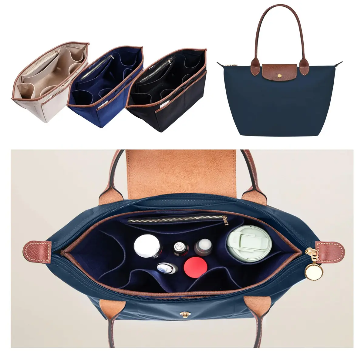 ZTUJO Premium Felt LongChamp Organizer Insert Compatible with Longchamp Le Pliage, Shoulder Bag, Top Handle, Xtra (Navy Blue, Medium) | Bag in Bag - view 6