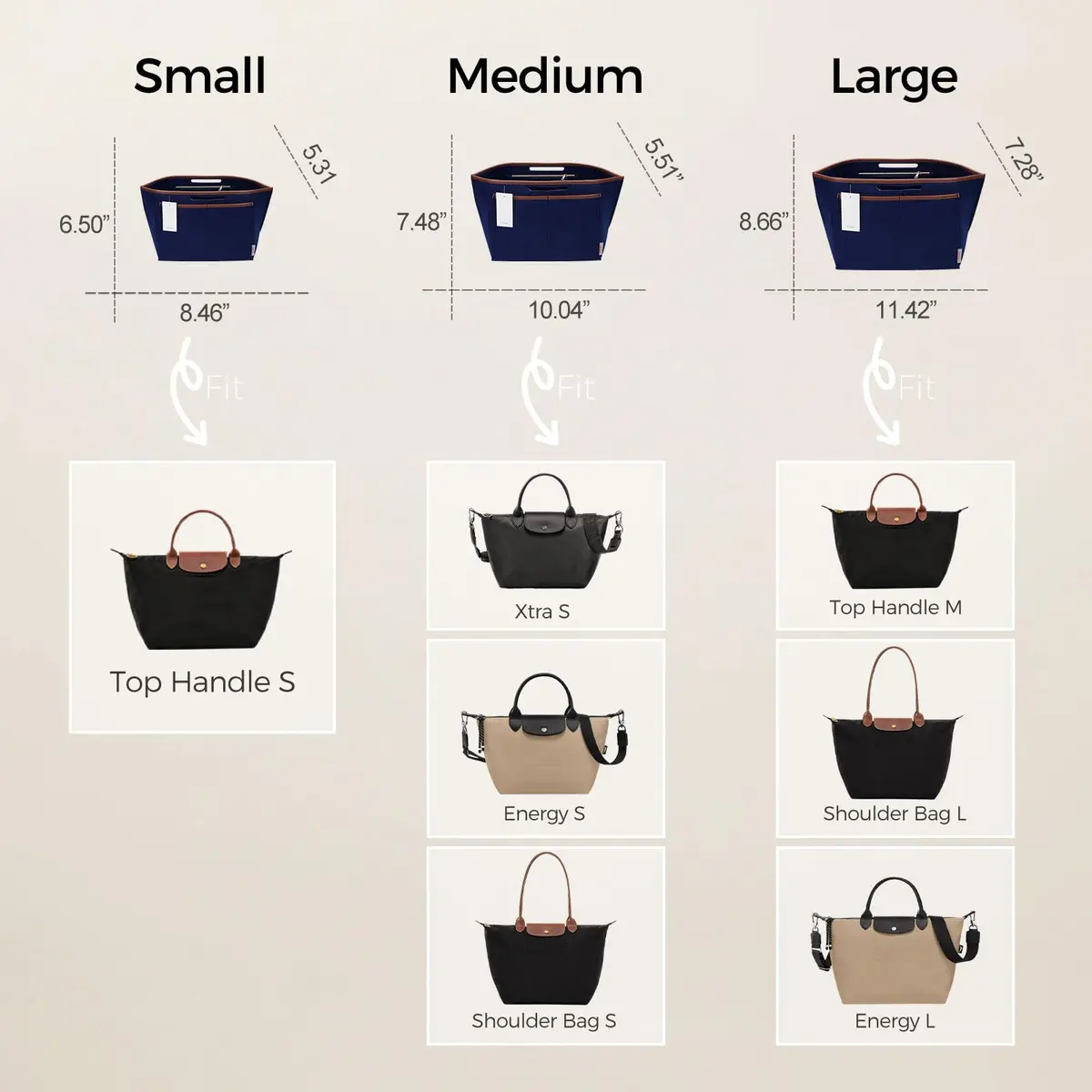 ZTUJO Premium Felt LongChamp Organizer Insert Compatible with Longchamp Le Pliage, Shoulder Bag, Top Handle, Xtra (Navy Blue, Medium) | Bag in Bag - view 3