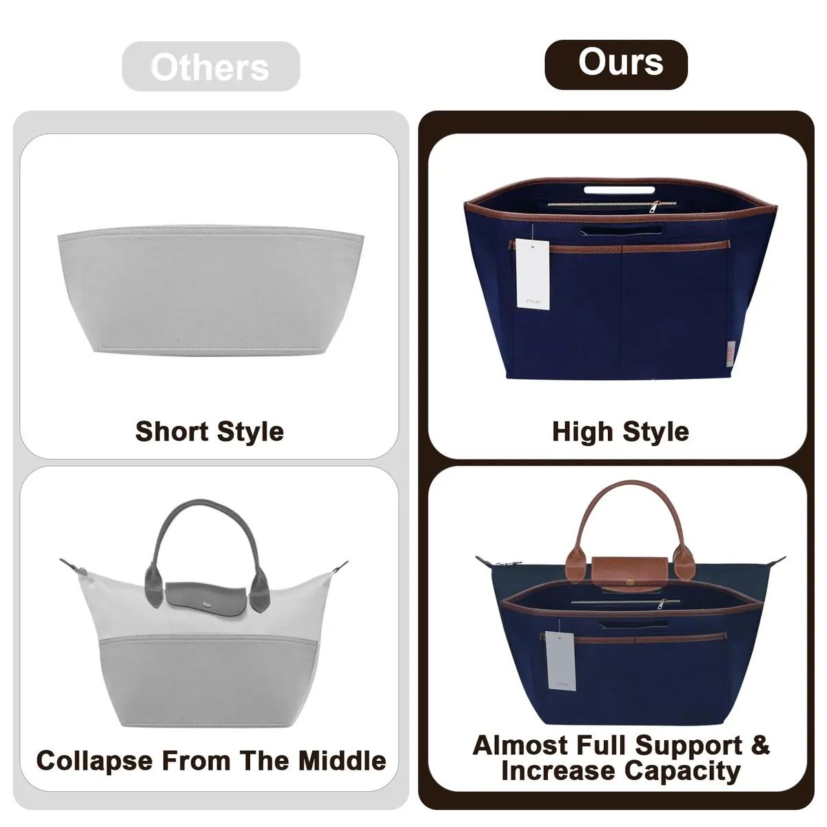 ZTUJO Premium Felt LongChamp Organizer Insert Large | Compatible with Longchamp Le Pliage & Xtra (Navy Blue, Large) - view 5