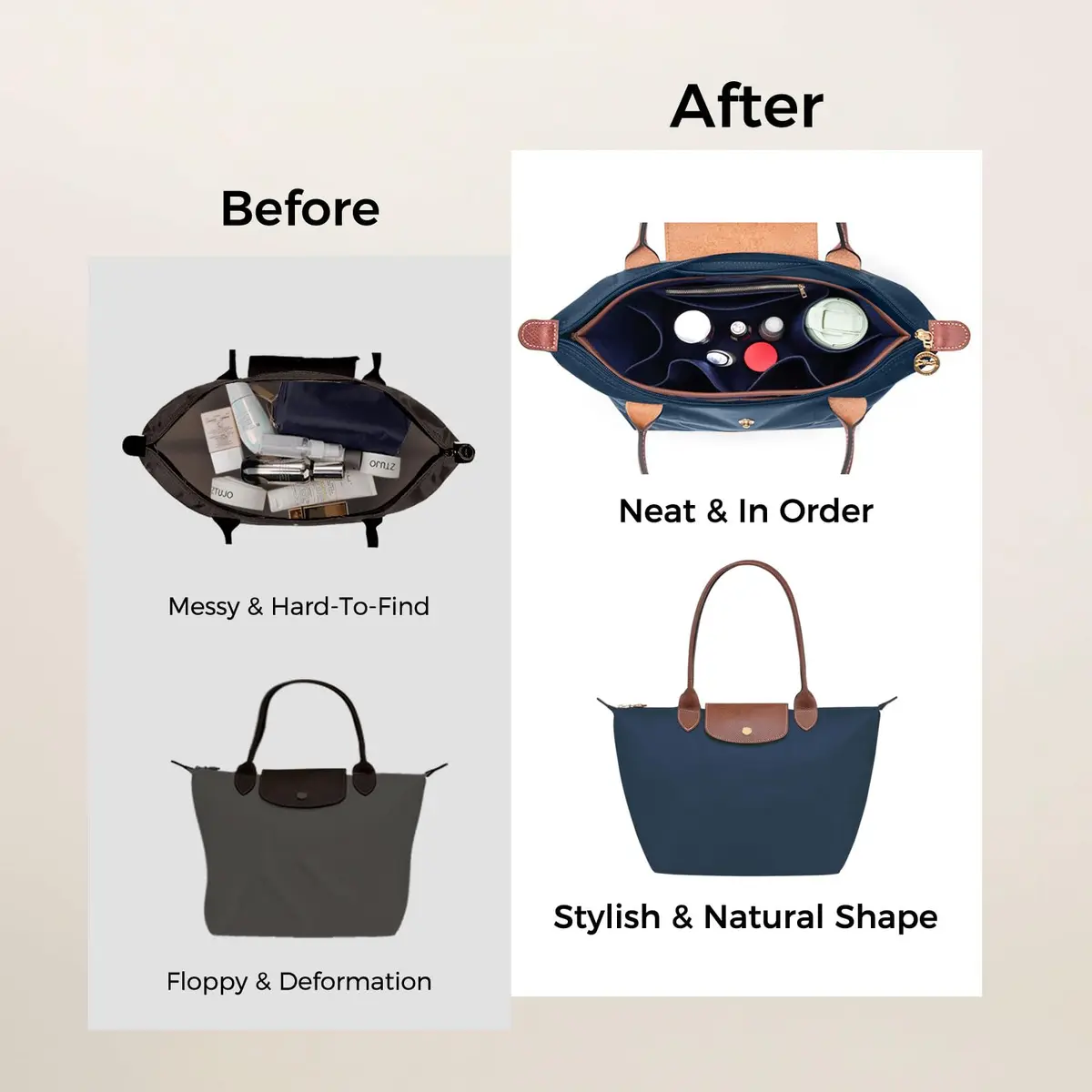 ZTUJO Premium Felt LongChamp Organizer Insert Large | Compatible with Longchamp Le Pliage & Xtra (Navy Blue, Large) - view 8