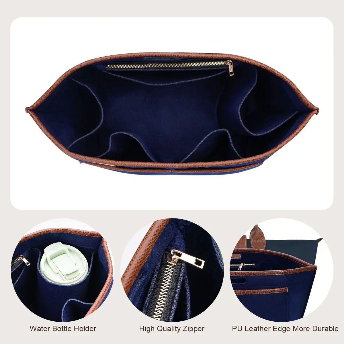 ZTUJO Premium Felt LongChamp Organizer Insert Large | Compatible with Longchamp Le Pliage & Xtra (Navy Blue, Large) - view 4