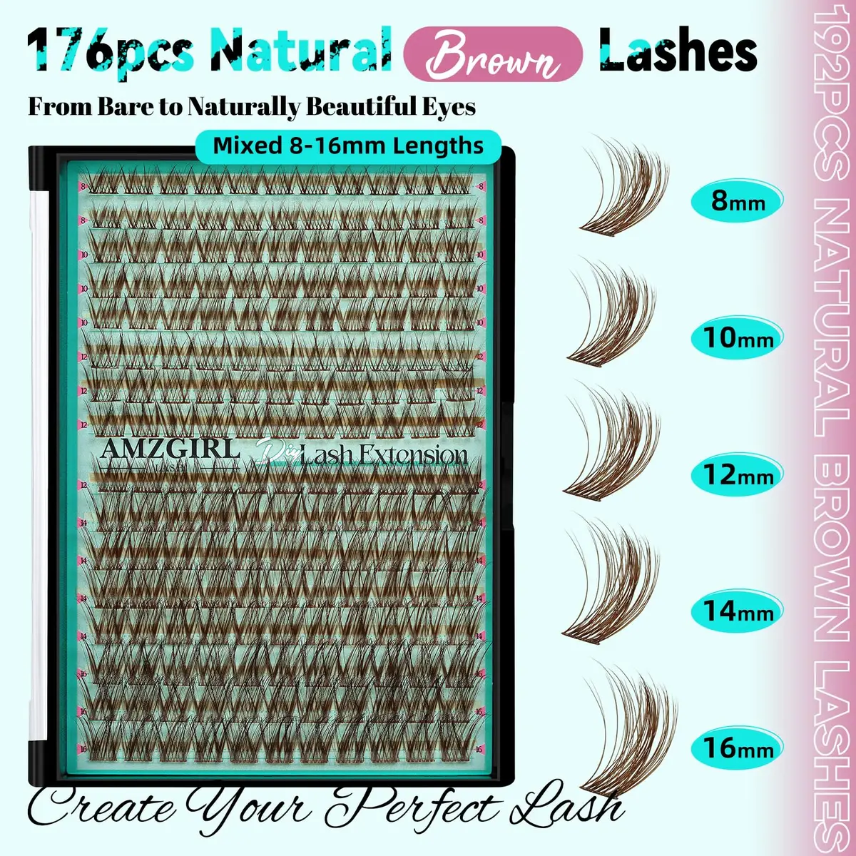 AMZGIRL Brown Lash Clusters 176PCS | Natural Light Hair Blend, Reusable & Easy DIY Application - view 2
