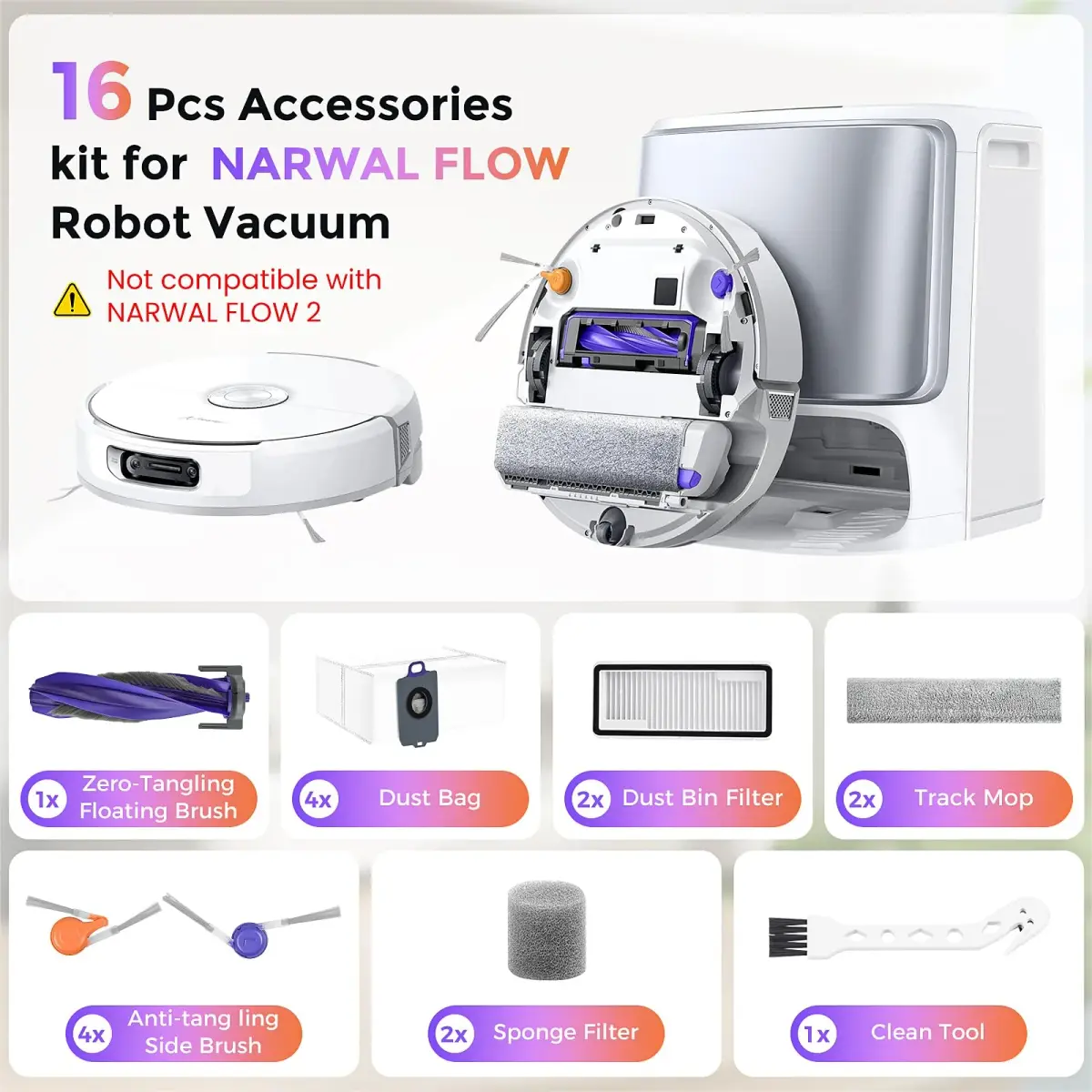 BTRSOLUS 16 Pcs Accessories Kit for NARWAL FLOW Robot Vacuum | Zero-Tangling Floating Brush, Dust Bags, Filters, Mops, Side Brushes, Sponge Filters, Clean Tool - view 2