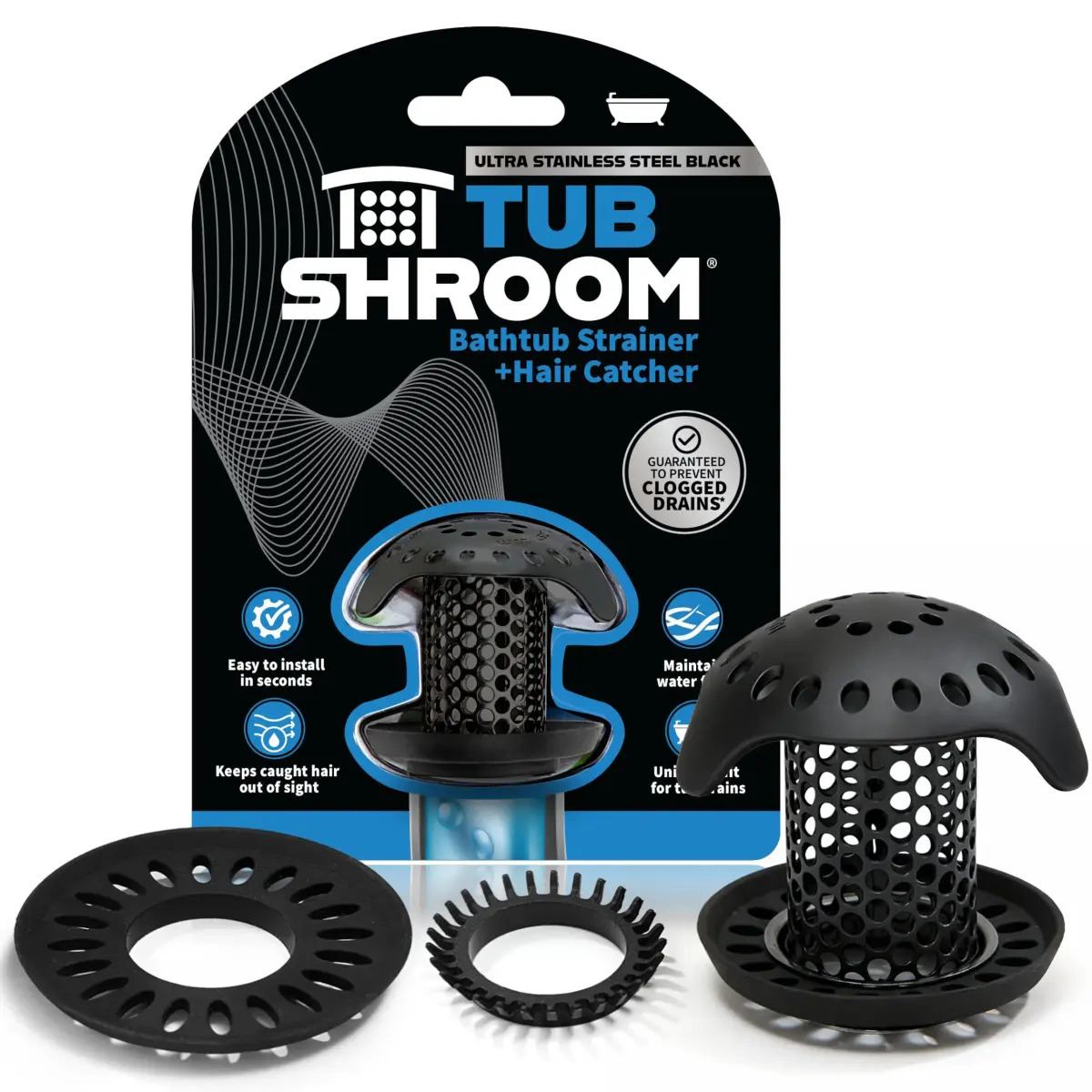 TubShroom Ultra Stainless Steel Drain Protector, Hair Catcher Strainer for Bathroom Tub and Shower, Matte Black, 1.5cm (1.5in) Drain Diameter | Award-Winning Design - main product image