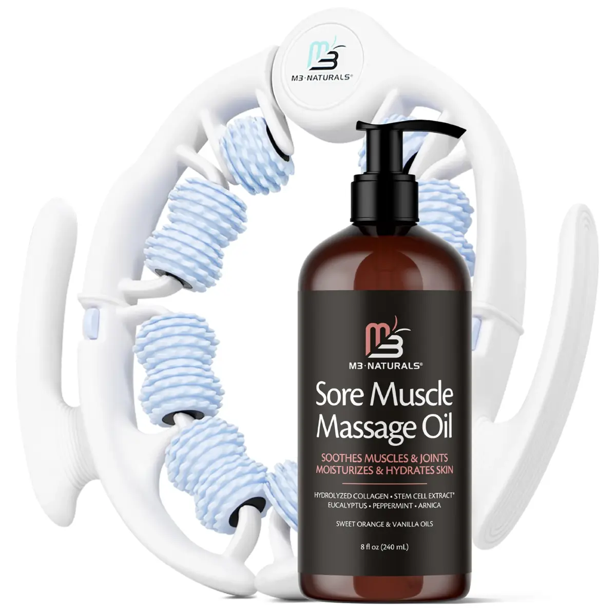 M3 Naturals Sore Muscle Massage Oil & Lymphatic Drainage Massager Kit 240ml (8 fl oz) | FDA Approved & Doctor Recommended - main product image