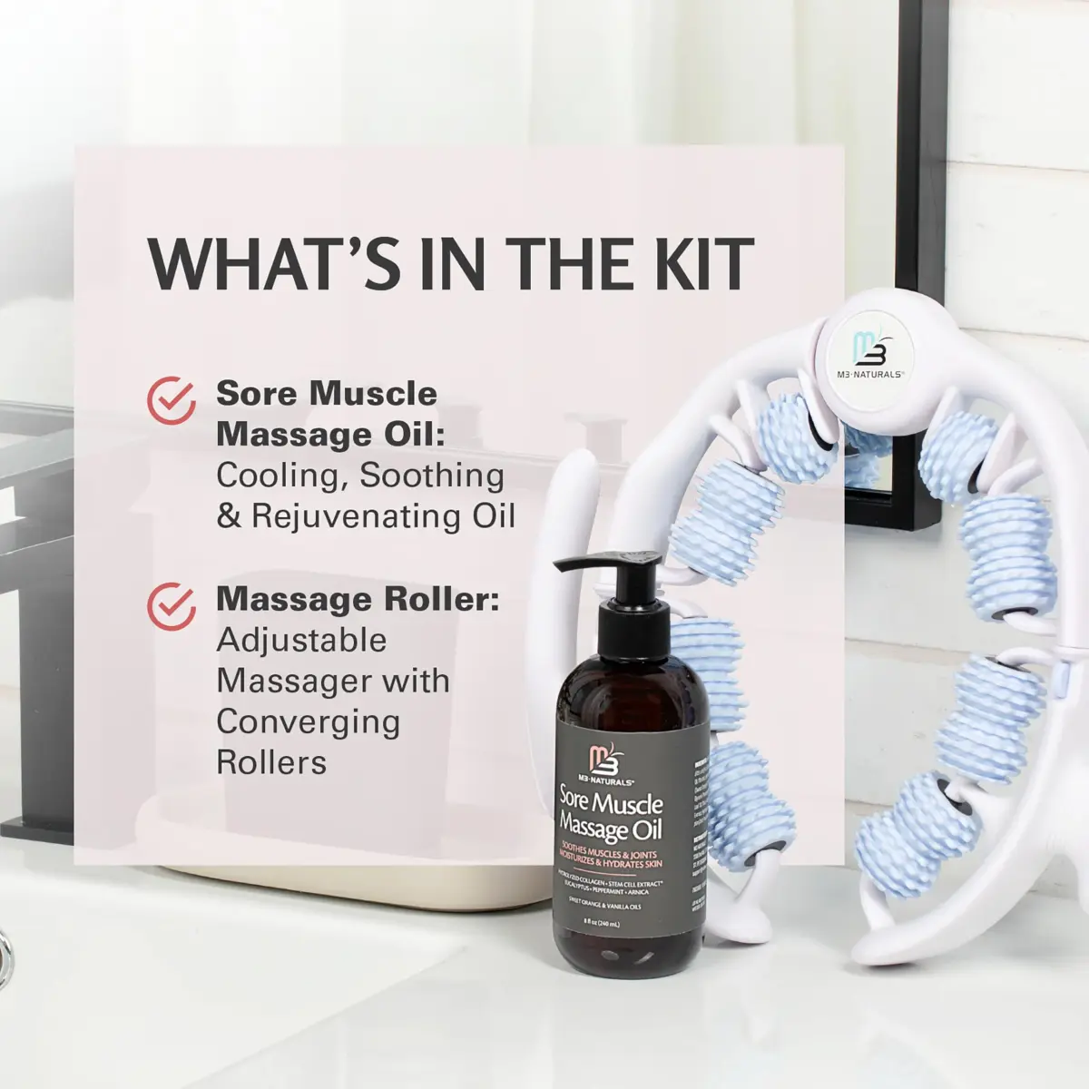 M3 Naturals Sore Muscle Massage Oil & Lymphatic Drainage Massager Kit 240ml (8 fl oz) | FDA Approved & Doctor Recommended - view 2