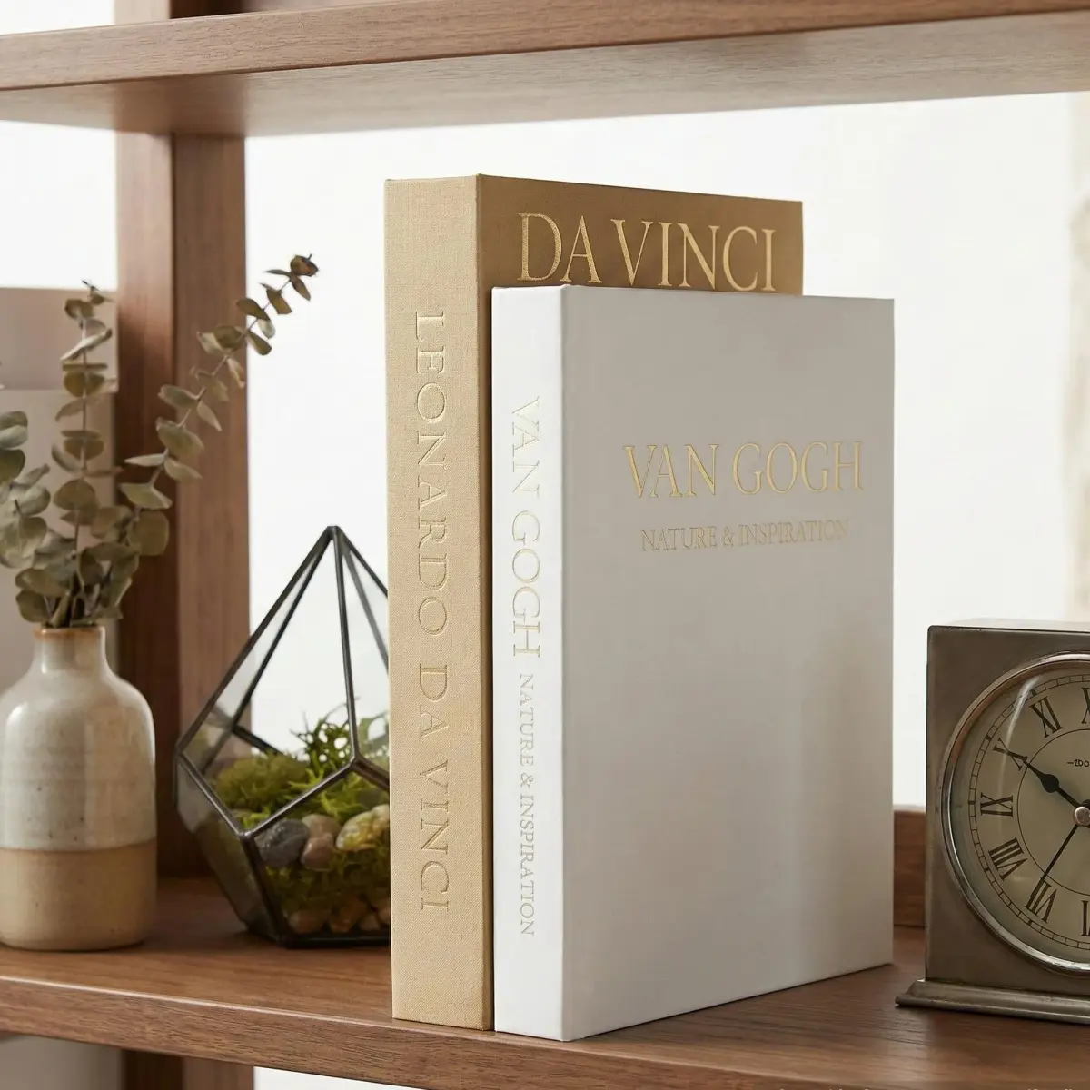 Inoostar Aesthetic Decorative Books Set of 2 Linen Boxes with Gold Lettering 21cm (8.27 in) | Enhance Your Coffee Table, Bookshelf or Mantle Decor - view 3