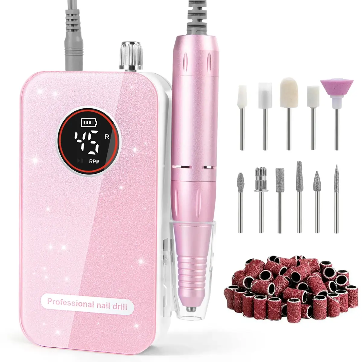 HQMPHQ Pink Professional Nail Drill Electric File 45000RPM | Low Noise & Rechargeable for Acrylic Gel Nails - main product image