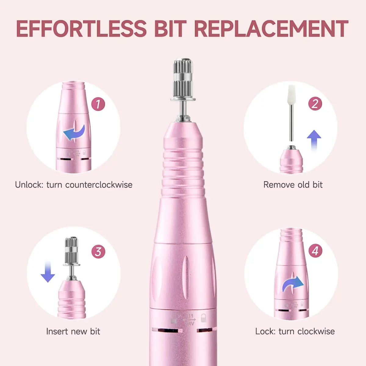 HQMPHQ Pink Professional Nail Drill Electric File 45000RPM | Low Noise & Rechargeable for Acrylic Gel Nails - view 6