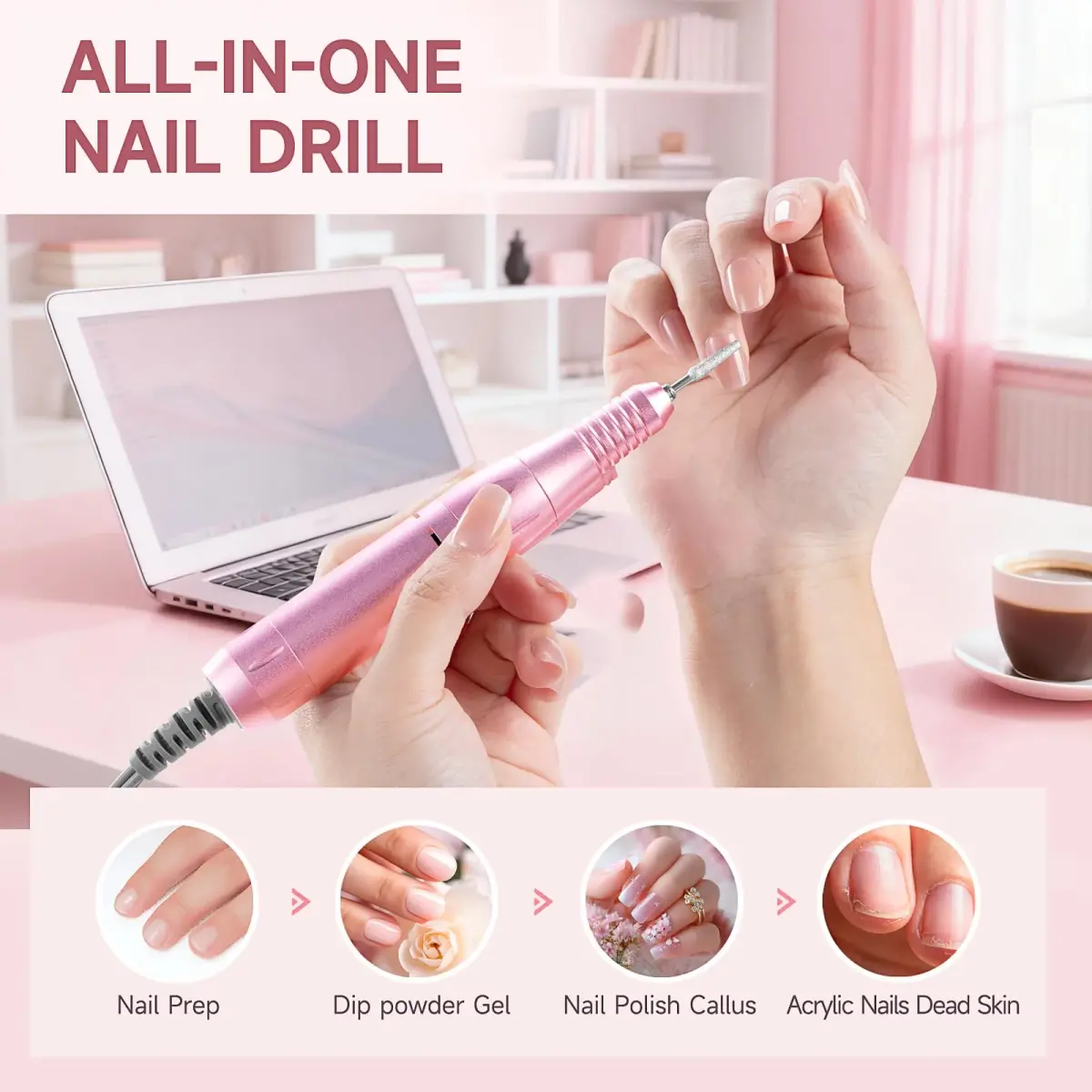 HQMPHQ Pink Professional Nail Drill Electric File 45000RPM | Low Noise & Rechargeable for Acrylic Gel Nails - view 7