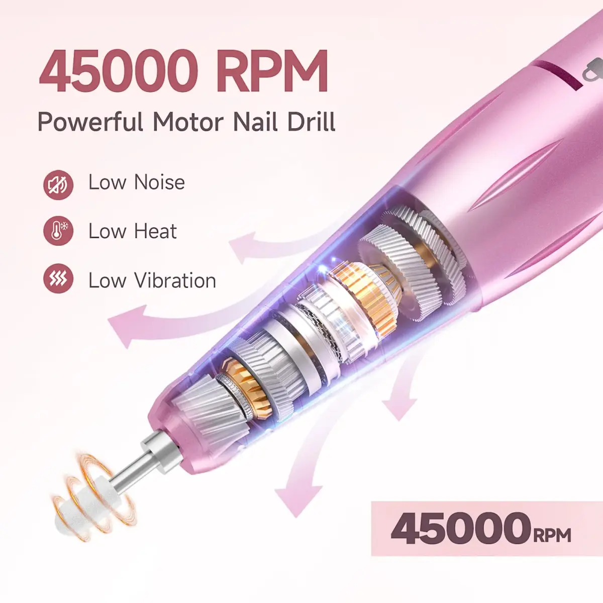 HQMPHQ Pink Professional Nail Drill Electric File 45000RPM | Low Noise & Rechargeable for Acrylic Gel Nails - view 2