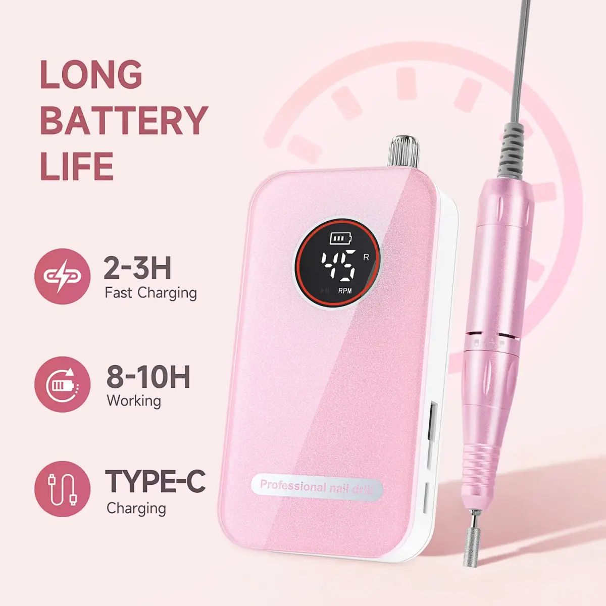HQMPHQ Pink Professional Nail Drill Electric File 45000RPM | Low Noise & Rechargeable for Acrylic Gel Nails - view 3