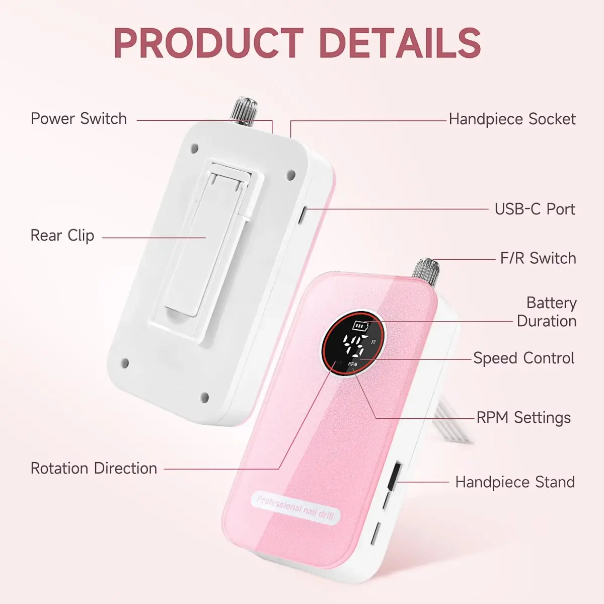 HQMPHQ Pink Professional Nail Drill Electric File 45000RPM | Low Noise & Rechargeable for Acrylic Gel Nails - view 4